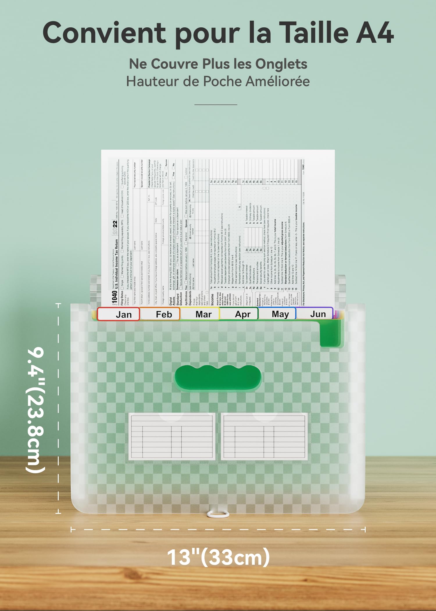 ABC life A4 Rangement Papier Administratif Trieur 12 Compartiments,A4 Trieur Document avec Motif de Grille, Portable Valisette Trieur Accordeon, Accordéon Organiseur de Dossiers de Fichiers(Vert)