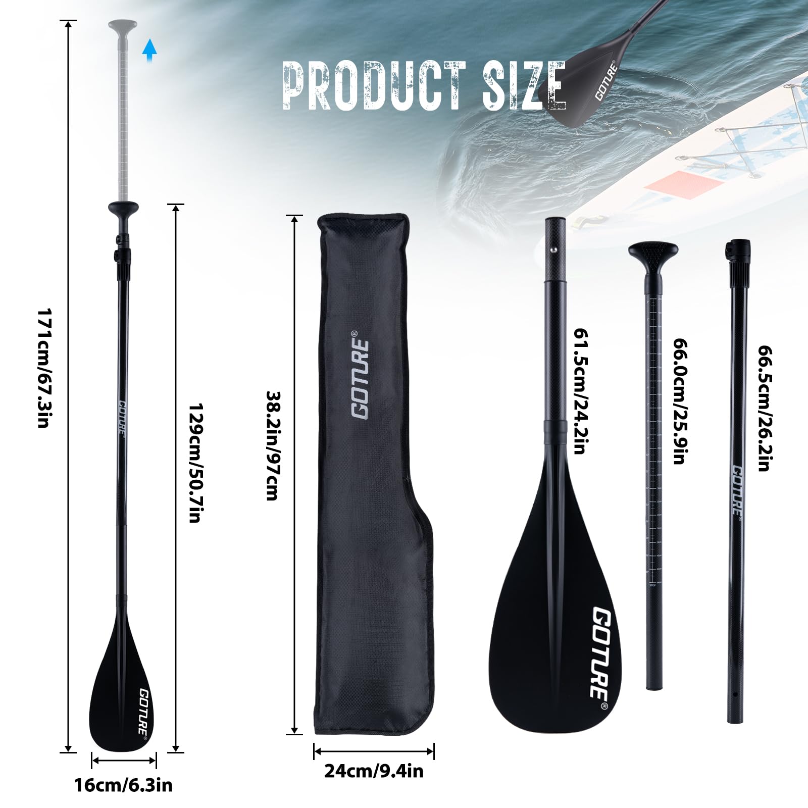Goture Kids Sup Paddle, 3 Piece Floating Sup Paddle with Storage Bag, Adjustable Youth Kayak Paddle, 50.8''-67.3'' Kids Paddle Board Paddle, Nylon Blade & Carbon Fiber and Fiberglass Shaft