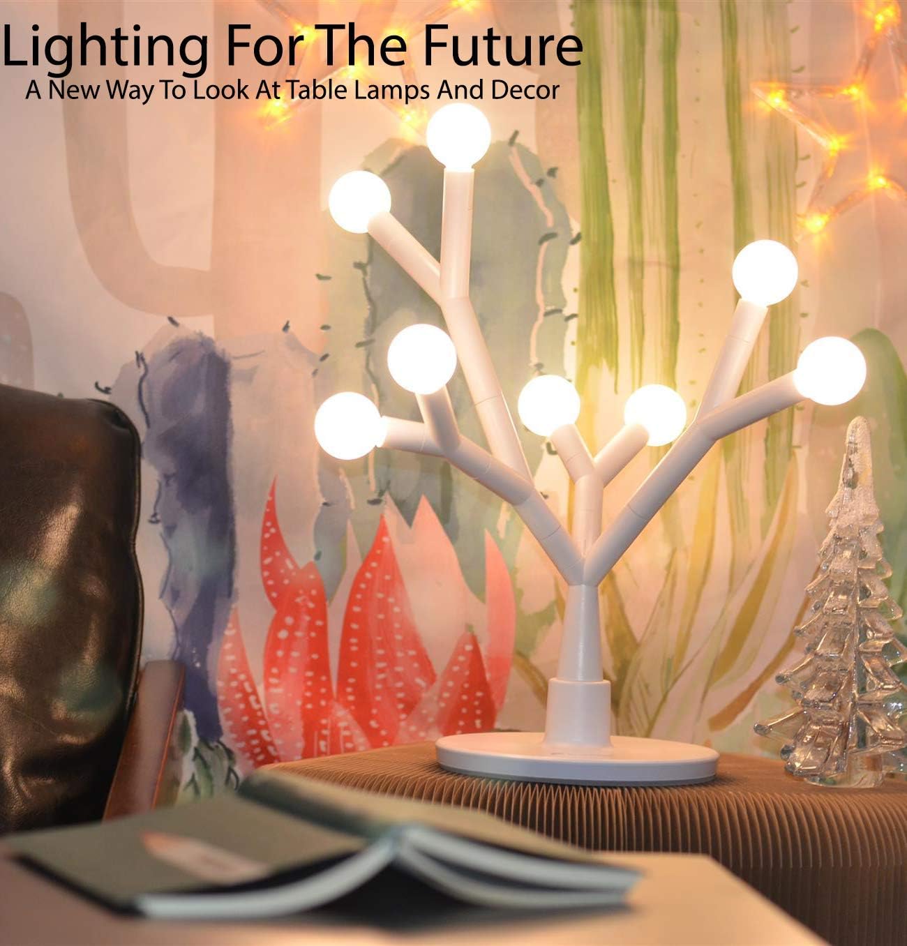 Fugetek LED Table Desk Tree Branch Lamp, Whimsical, 750 Lumen, 8W, Modern Unique Design, Interchangeable Branches, 8 Round Bulbs, Use Anywhere Home/Office/Dorm, White