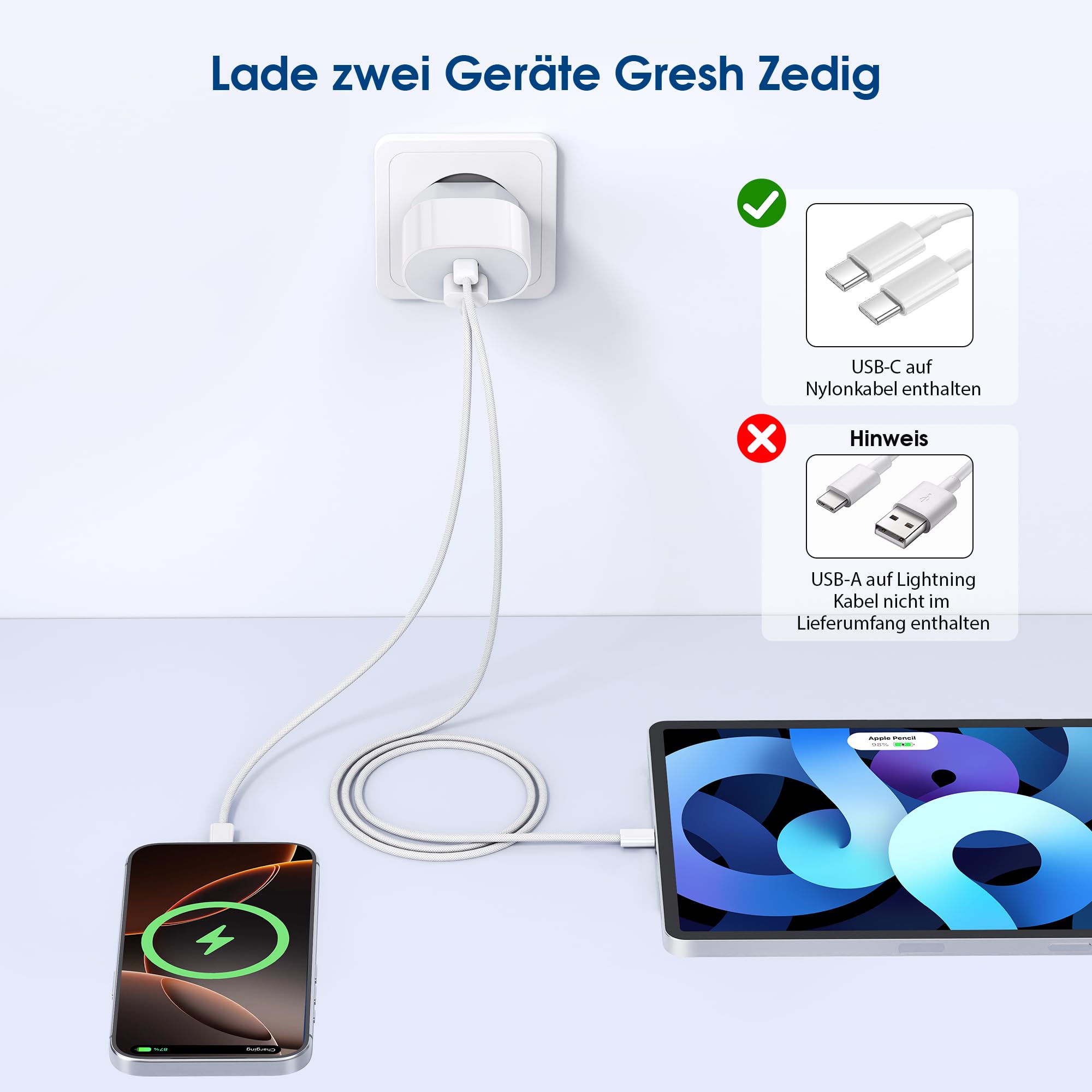 Caricatore per iPhone 17 16 15, 20W 2-Porto Alimentatore USB C & USB A Multipla Ricarica Veloce con Cavo 2M per Apple iPhone 16 17/16 17 Pro/16 17 Max/16 Plus/15/15 Pro/15 Max/15 Plus/iPad Pro/Air - 3