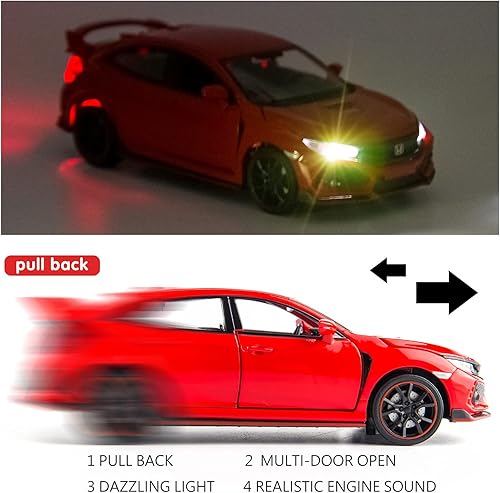 Miniatura 3 de Compatible con modelos de automóvil Honda Civic Type-R de aleación fundida a presión 1:32, auto de aleación con luces y sonido, autos de puerta