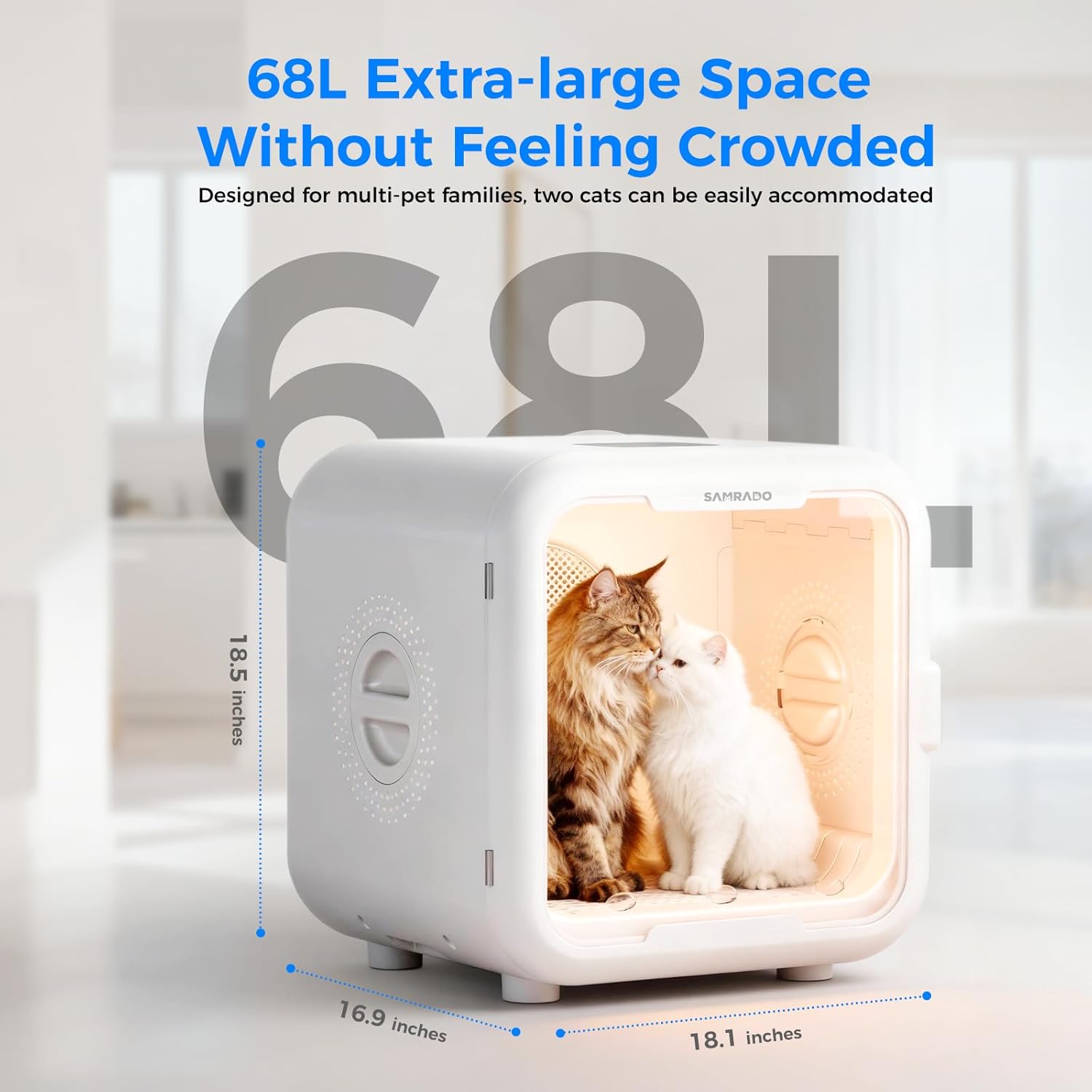 Automatic Pet Dryer Box for Cats & Small Dogs, 68L Dog Cat Dryer for Pet Grooming, Quiet 40dB Hands-Free Drying, App-Control, 6 Modes, Temperature Control & Overheat Protection