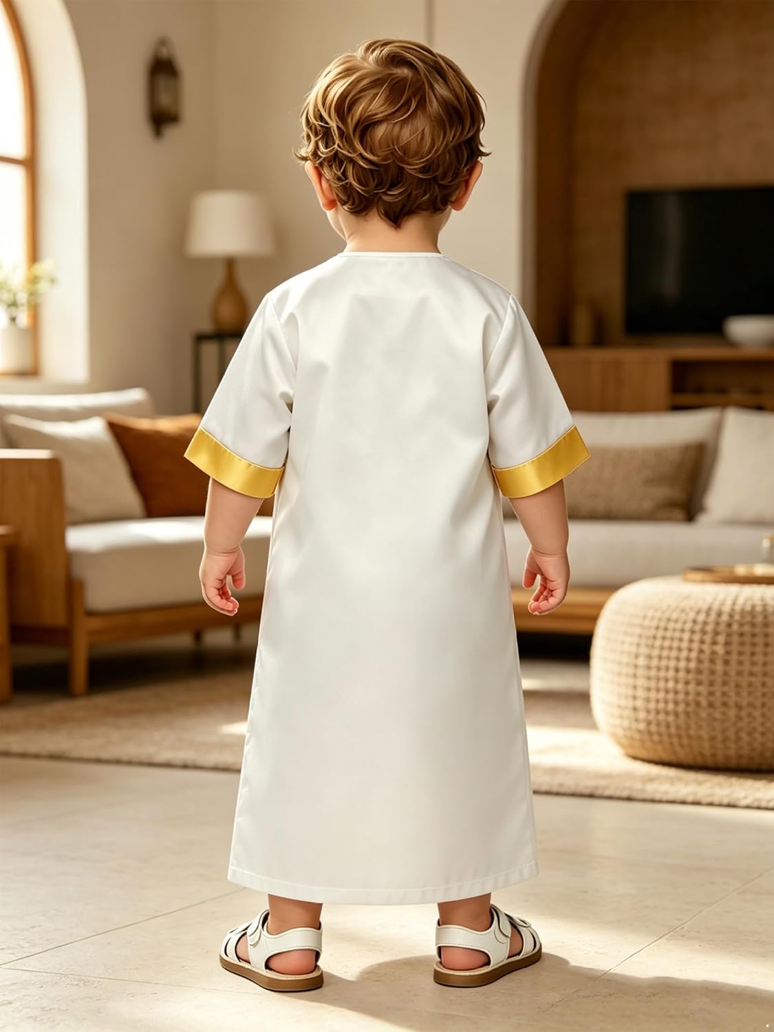 Toddler Boys Ramadan Thobe Luxury Crew-Neck Kaftan Button-Down Islamic Ethnic Arabic Prayer Clothes