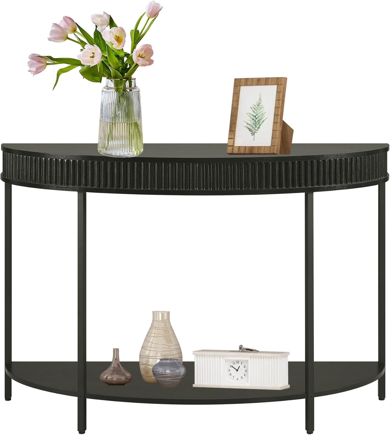 unipaws Fluted Half Moon Console Table, Modern 2-Tier Black Entryway Console with Storage, Sofa Back Table for Living Room, Hallway & Foyer (47" Width)