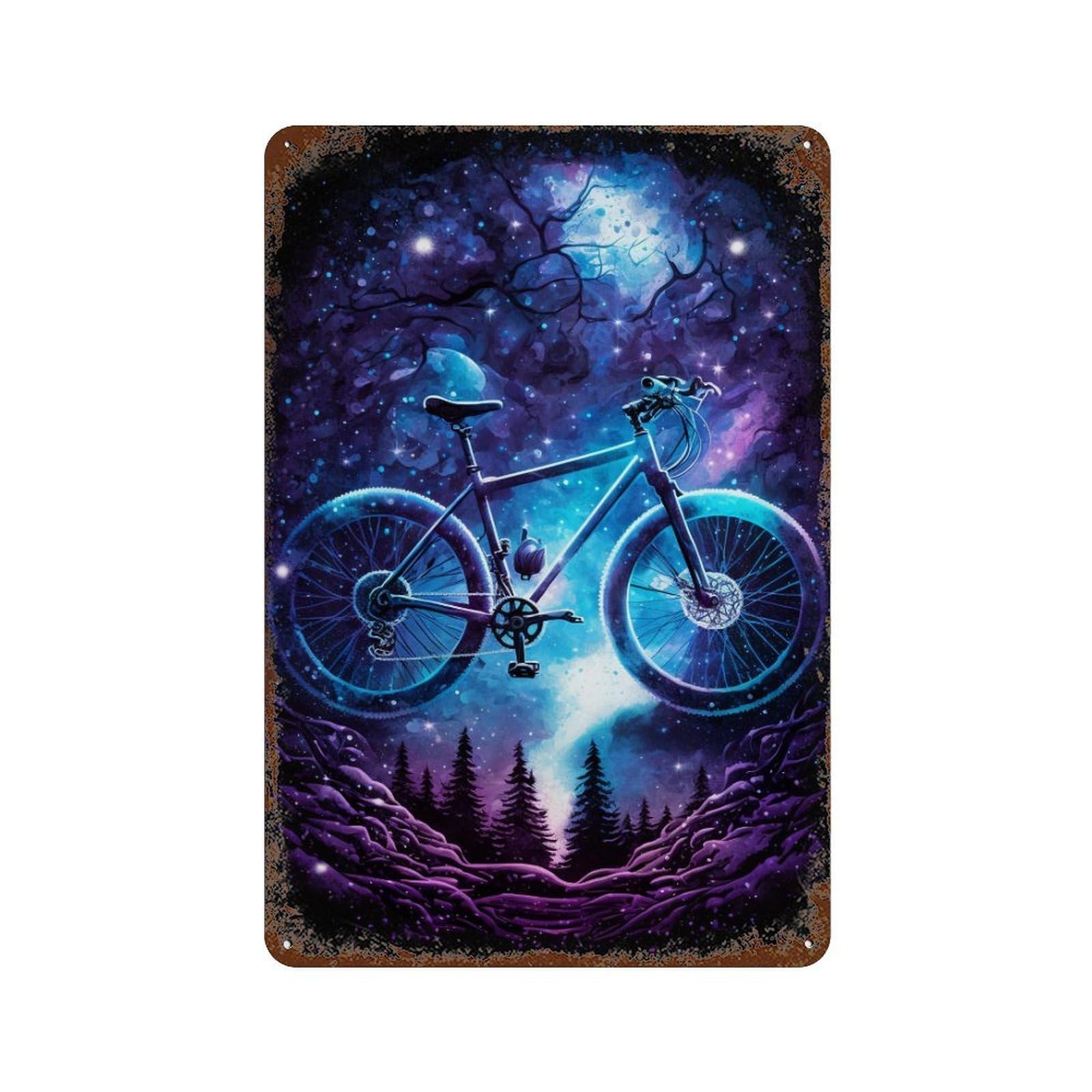 Rust Effect Galactic Bicycle Adventure Aged Metal Wall Plaque 11.8"x7.9", Classic Wall Plaque for Basement, Hobby Room And Garage Decor