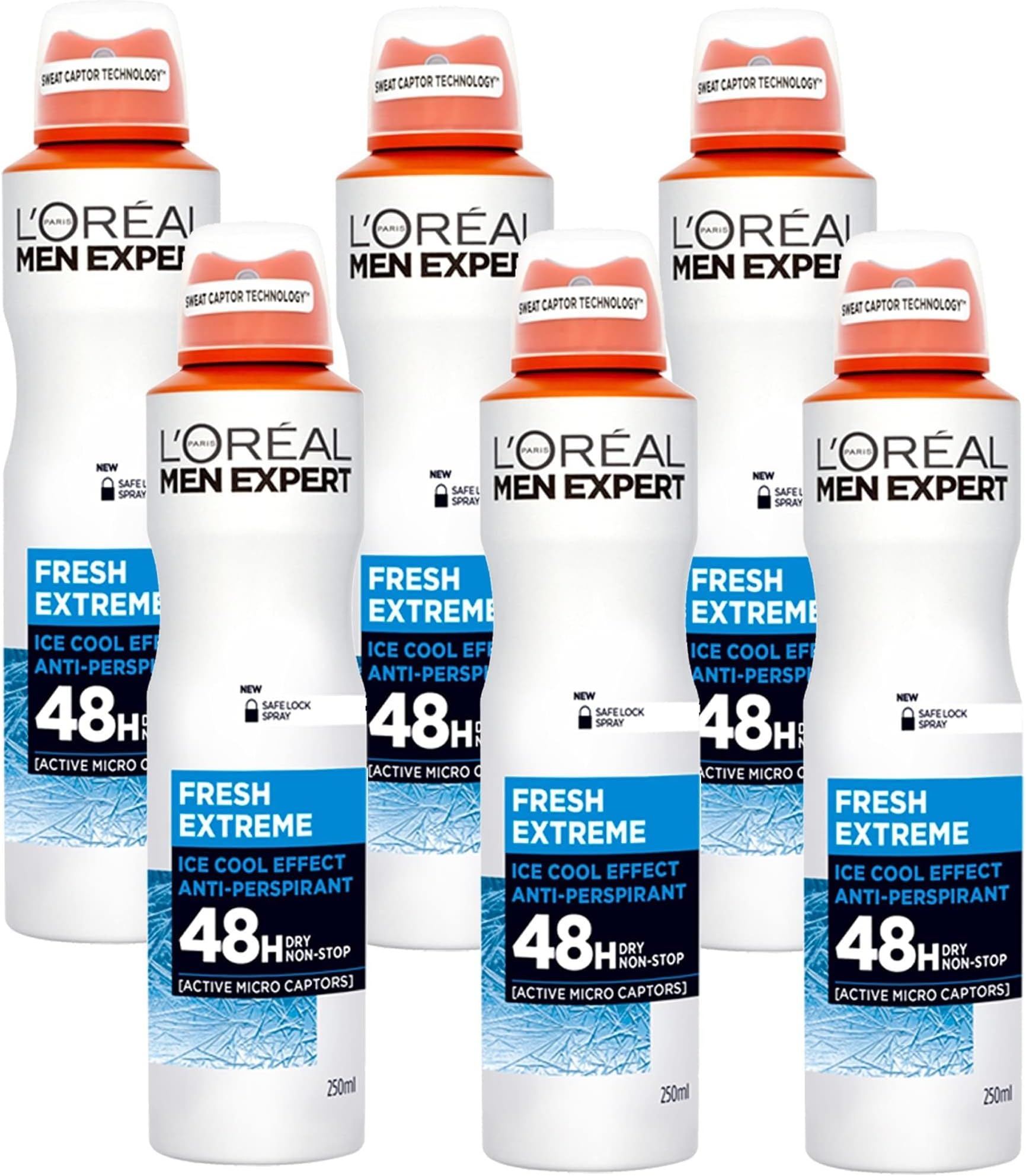 L'Oréal Paris Men Expert 48H Fresh Extreme Anti-Perspirant Deodorant for Men, 250ml Pack of 6, Bulk Buy