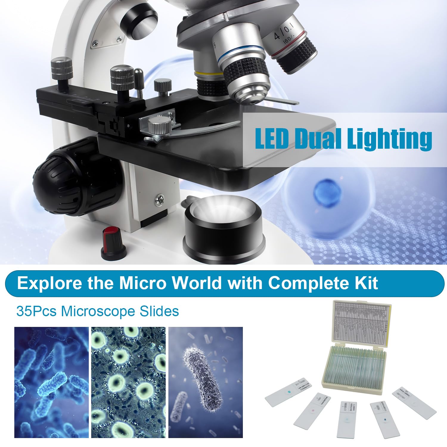 Microscopio binoculare composto 40X-2000X, WF10X WF25X con Lame di Microscopio (30 pezzi), Platino meccanico, per la scuola, il laboratorio, l'educazione domestica per gli studenti adulti