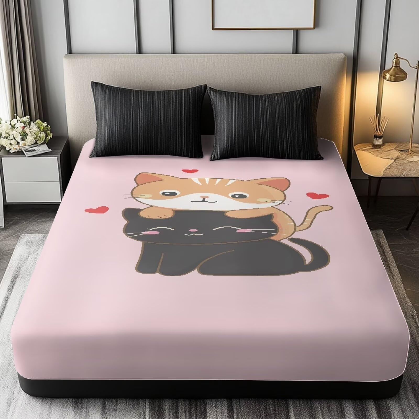 ZOUTAIRONG Twin XL Fitted Sheet Cute Kids Fitted Sheets Ultra Soft & Breathable Elastic Durable Bed Sheets Cute Cats Anti Slip Washable Fitted Sheet for Grils, 39 x 80 in