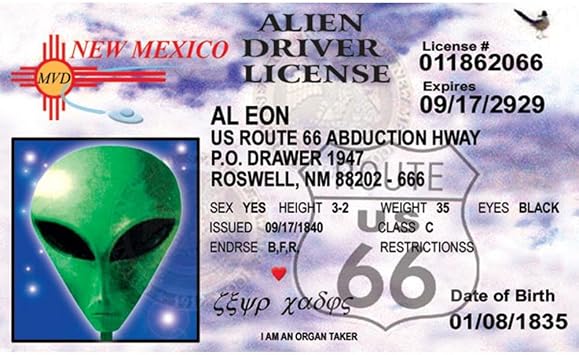 Signs 4 Fun NNMID6 66 Alien Nms Drivers License
