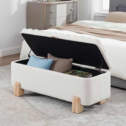 Miniatura 22 de Kmax Banco de almacenamiento de 45 pulgadas, banco otomano tapizado de piel sintética para dormitorio, sala de estar, pasillo, color blanco Oval-