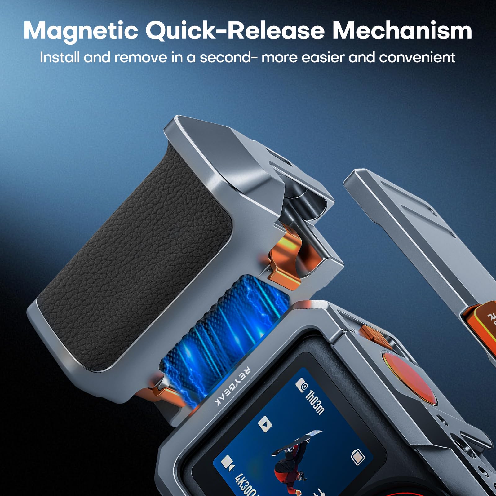 REYGEAK Uchwyt magnetyczny do kamery ulicznej do DJI Osmo Action 5 Pro/Action 4/Action 3, w całości z aluminium CNC rzeźbiony zestaw uchwytów do Osmo Action (tytanowy szary + pomarańczowy)