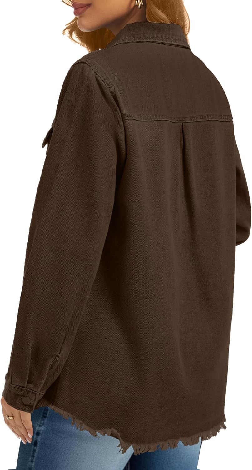 Oversized Jean Jacket For Women Casual Long Sleeve Button Denim Shirts Distressed Denim Jackets Shacket - Image 5