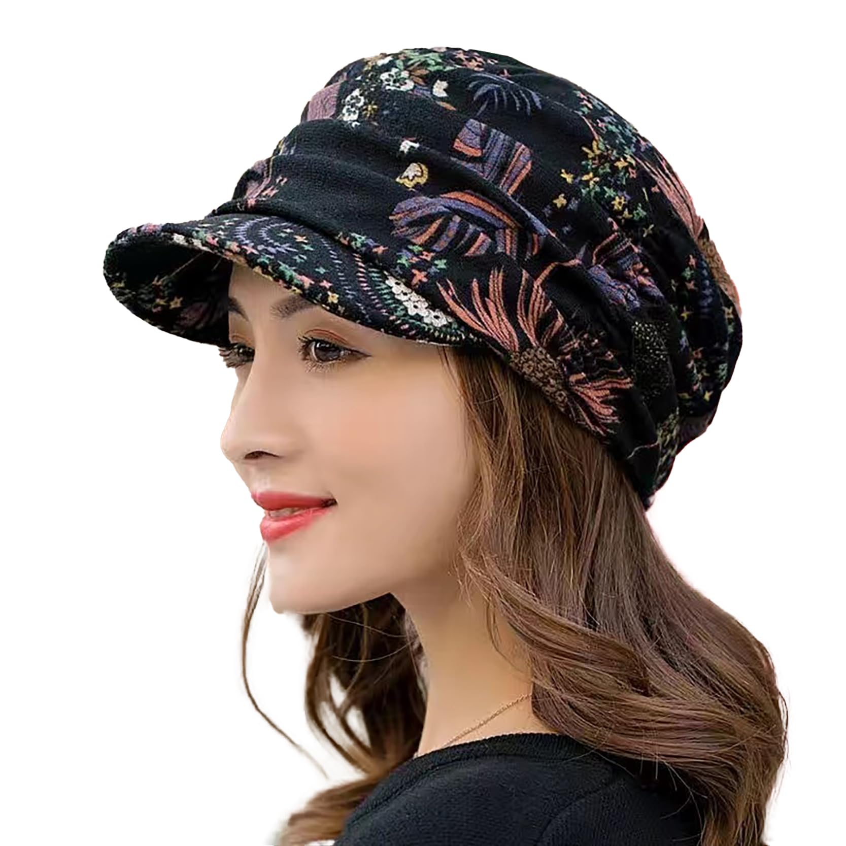 Youstylo Women's Newsboy Cap, Retro Vintage Pageboy Hat, Cute Floral Pleated Short Brim, Inner Velvet Trendy Casual Hippie Style Hat