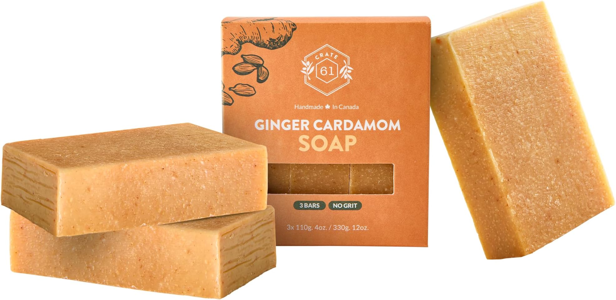 Crate 61 Organics, Handmade in Canada, Plant Based Natural Bar Soap Cold Pressed For Face & Body, w/Premium Essential Oils, For Men & Women 3 Pack (Ginger Cardamom)