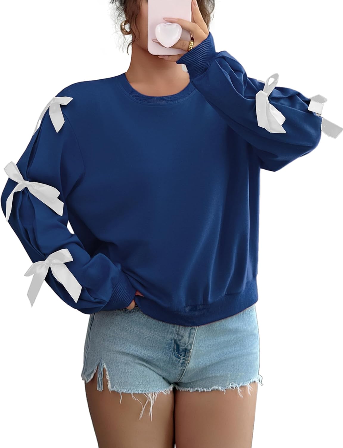 Womens Bow Lightweight Sweatshirt Oversized Crew Neck Comfy Long Sleeve Casual Loose Pullover Top Y2K Clothes