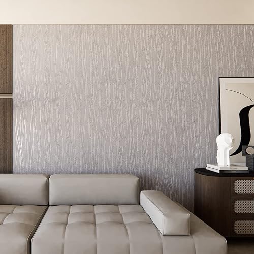 Miniatura 5 de Kmiles Papel tapiz autoadhesivo, largo 20.8 pulgadas de ancho 393 pulgadas por rollo, impresión moderna 3D no tejida en relieve a rayas para sala de