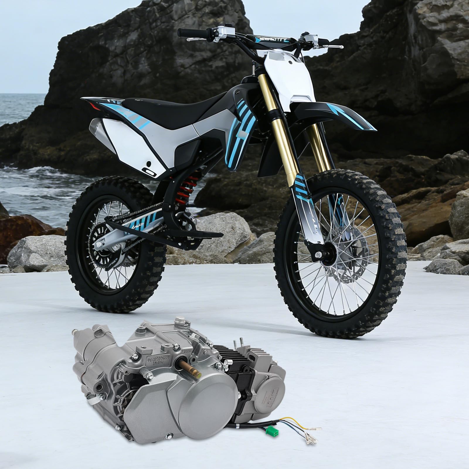 Silnik o pojemności 125 cm³ o mocy 6,5 kW, silnik benzynowy z 4-biegową skrzynią biegów, silnik czterosuwowy z rozrusznikiem nożnym, silnik motocrossowy 8,0 Nm, agregat napędowy o wytrzymałej