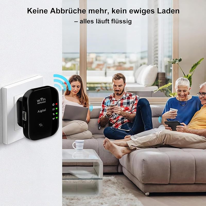 Aigital WLAN Jelerősítő 300 Mbit/s - WiFi Hatótávnövelő Ethernet Porttal, WPS Gombbal, AP Móddal, Kompakt Fekete Kivitel, Minden WiFi Eszköz