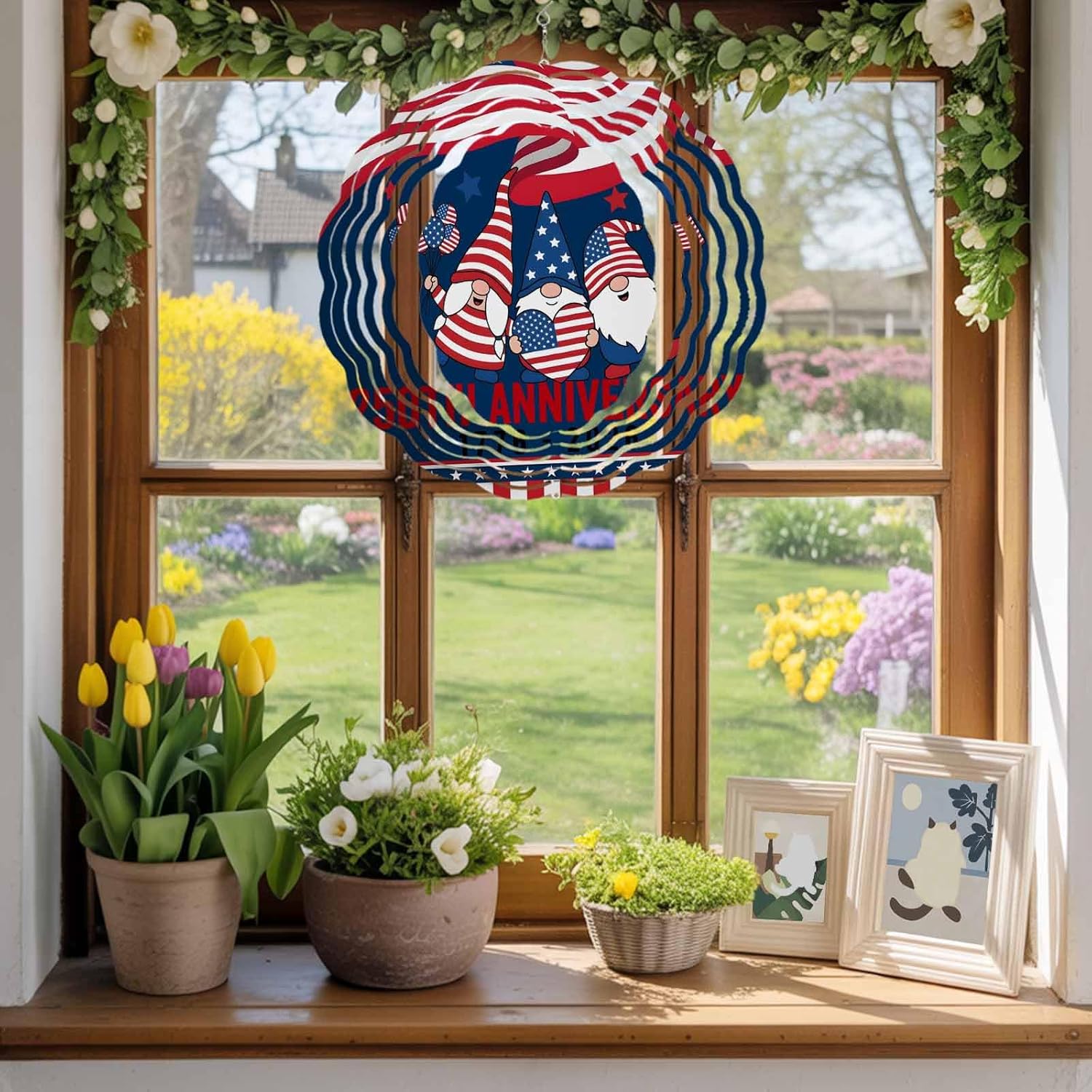 American Patriotic Gnome Wind Spinner for Garden Yard 3D Stainless Steel Hanging Wind Spinners, 250th Anniversary USA Flag Spinners Outdoor Metal Decor for Lawn Patio Home