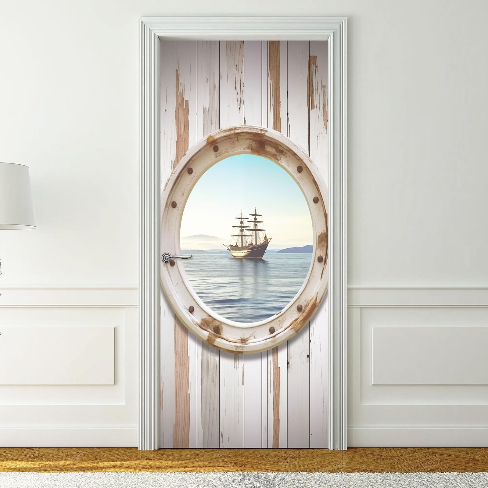 Vintage naklejka na drzwi okno łódź 95 x 215 cm plakat na drzwi naklejki ścienne, samoprzylepna naklejka ścienna deski żaglowe ocean, do sypialni, salonu, kuchni, łazienki, jasnoszary