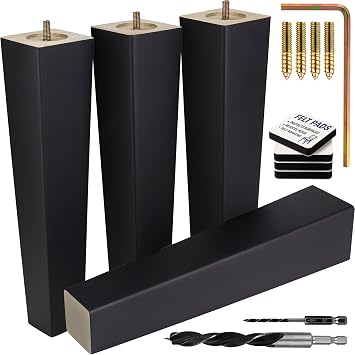 Airy Abode Premium Black Square Furniture Legs Full Install Kit - Pick Your Size and Color