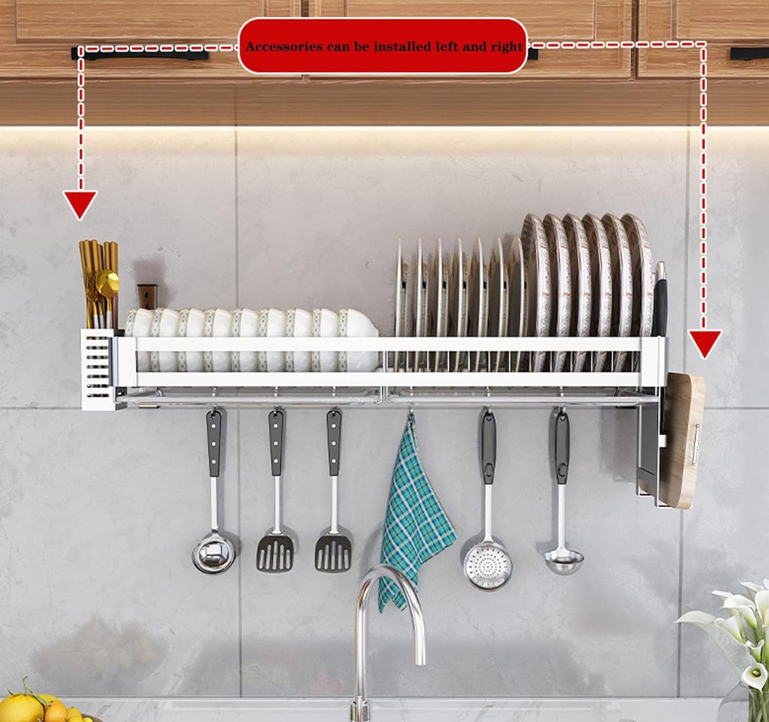 Escurridor de platos montado en la pared, organizador de cocina de acero inoxidable con estante para cubiertos y soporte para tabla, diseño que ahorra espacio