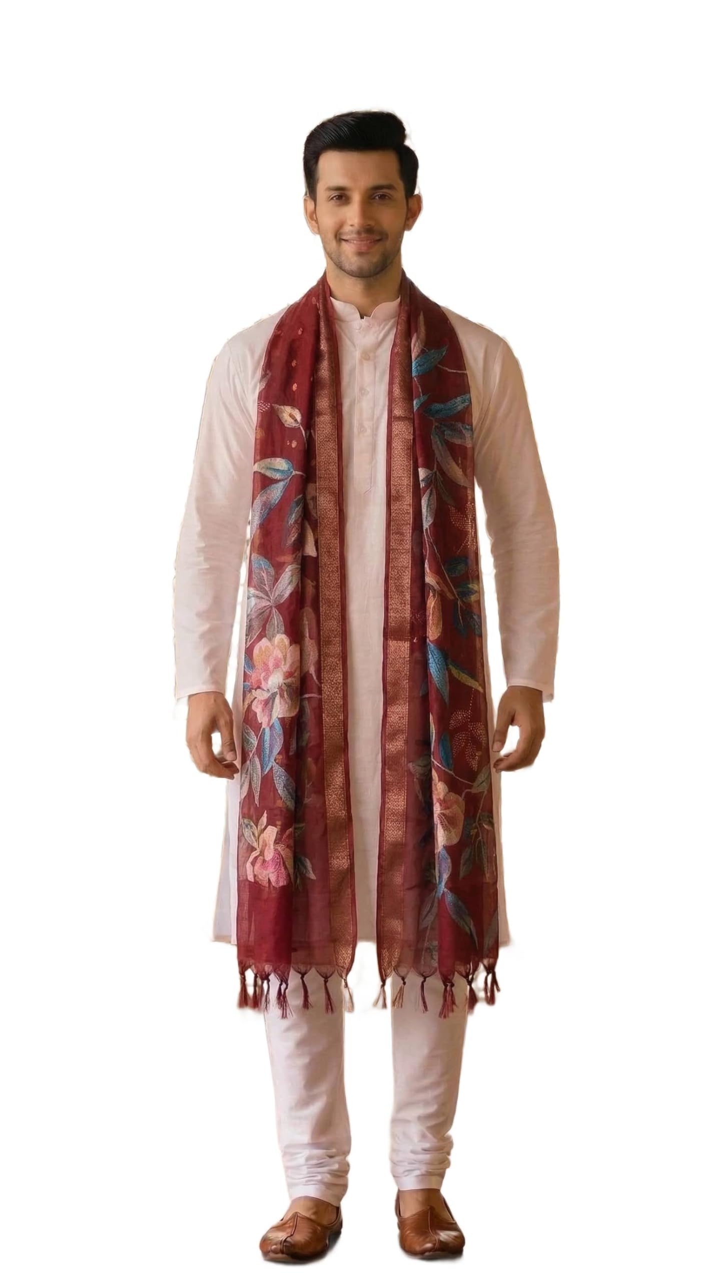 Men’s Lightweight Floral Digital Print Organza Dupatta/Stole with Zari Border – Elegant Summer Scarf Wrap |Perfect for Festivals & Wedding & Cultural Events-image-29
