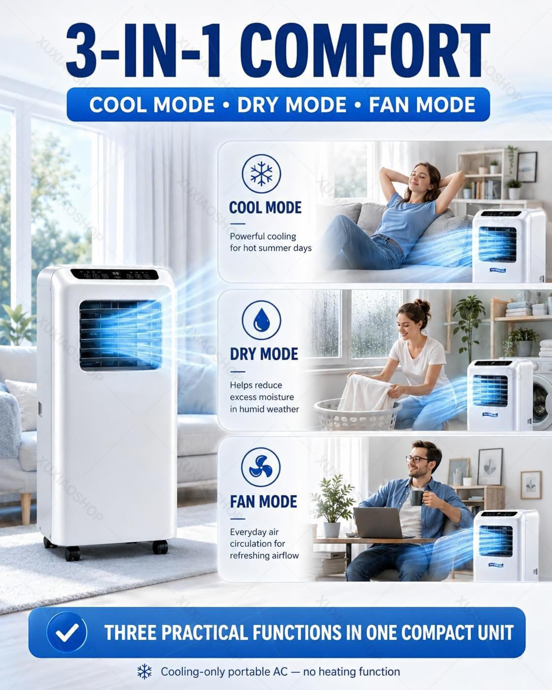 Condizionatore Portatile 3-in-1 con Pannello Touch e 2 Velocità 9000BTU | Raffredda fino a 20/24m² con Telecomando, Timer 24H, Funzionamento Silenzioso, 2 Velocità e Kit di Installazione per Finestre