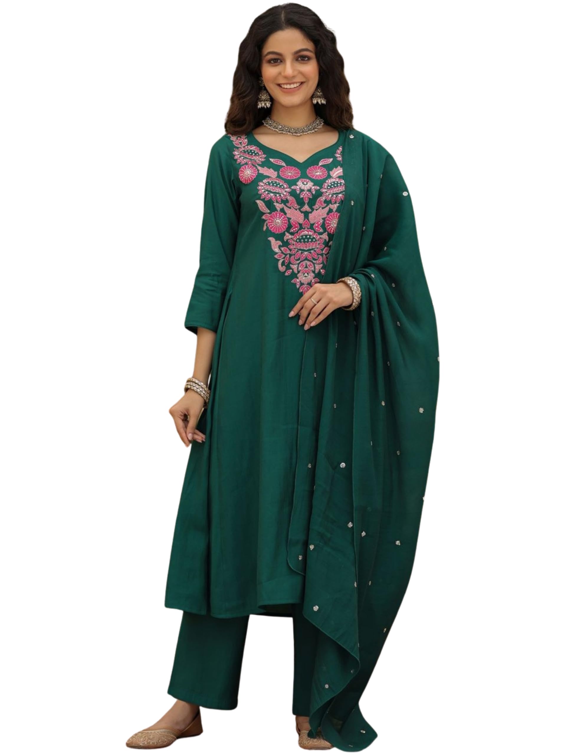 Women Viscose Rayon Embroidered Kurta Pant Dupatta Set | Chanderi Gadhwal Dupatta | Ethnic Wear | S-XXL | Green-image-30