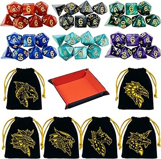 6 Sets DND Dice Polyhedral Dice Dungeons and Dragons Rolling Dice for RPG MTG Table Games Dice Bulk with Free Six Drawstring Bags and PU Leather D&D Dice Tray