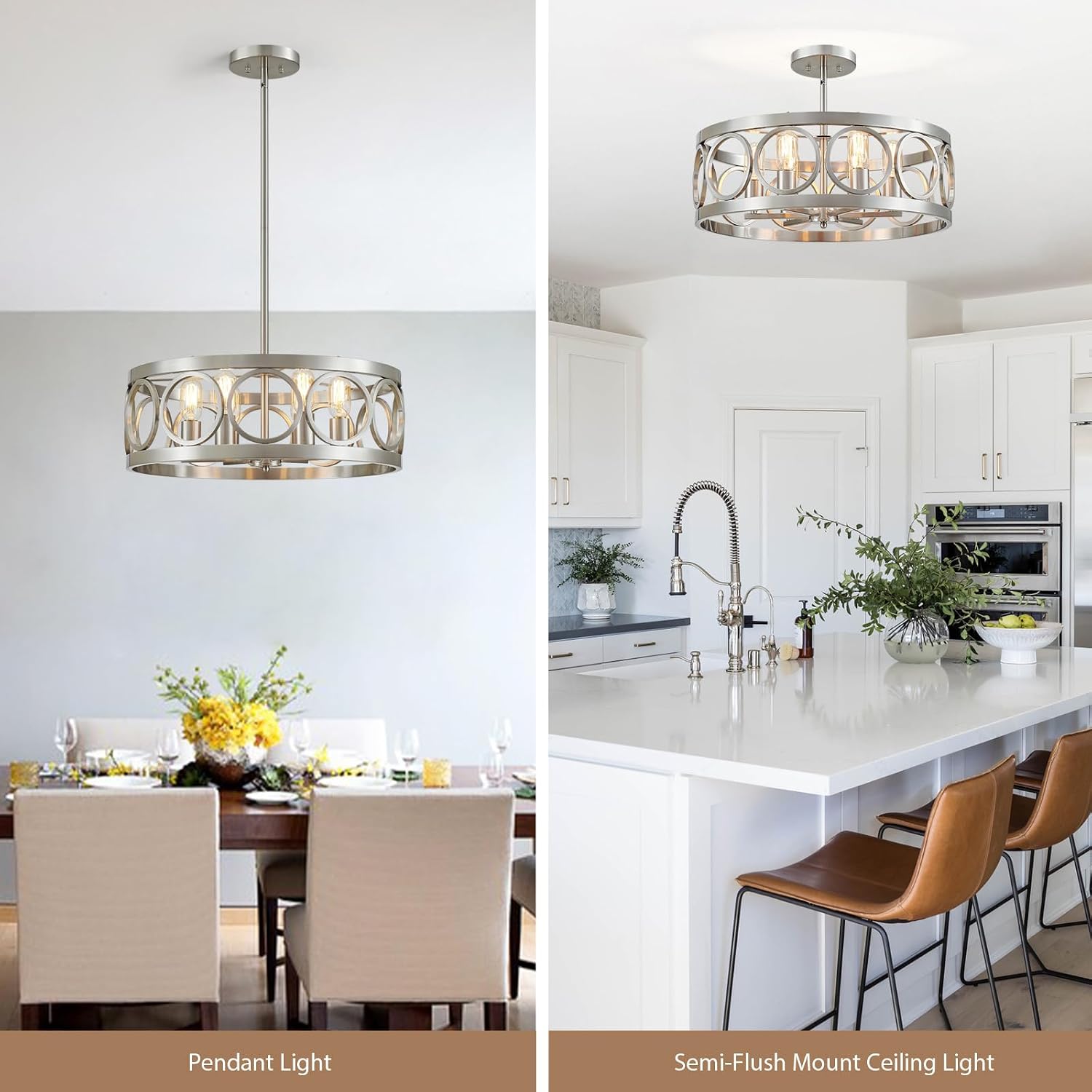 6-Light Brushed Nickel Chandelier Modern Farmhouse Dining Room Light Fixture, 21.7'' Drum Pendant Height Adjustable for Living Room Home Office Hallway, Industrial Round Ceiling Hanging Lamp