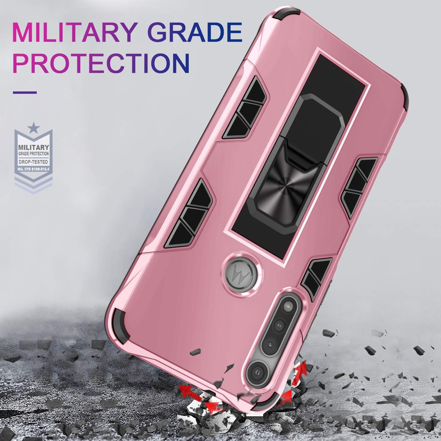 LeYi Compatible with Moto G Fast Case, Motorola G Fast with Tempered Glass Screen Protector [2Pack], Military-Grade Shockproof Built-in Kickstand Car Mount Phone Cover Case for Moto G Fast, Rose Gold