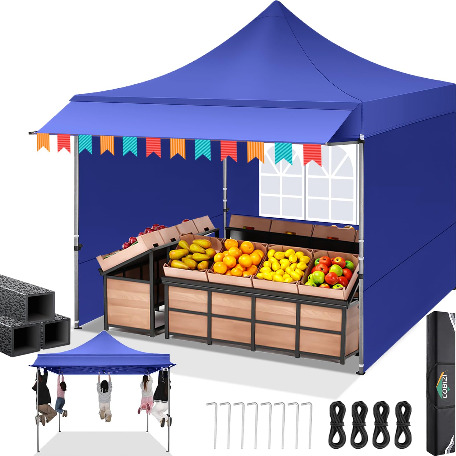 COBIZI 10x10 Pop Up Canopy Tent Heavy Duty with Sidewalls, Outdoor Commercial Canopy with Awning, Waterproof&amp;23 SF Extended Awning, Vendor Tent for Market, Party Events, Dark Blue