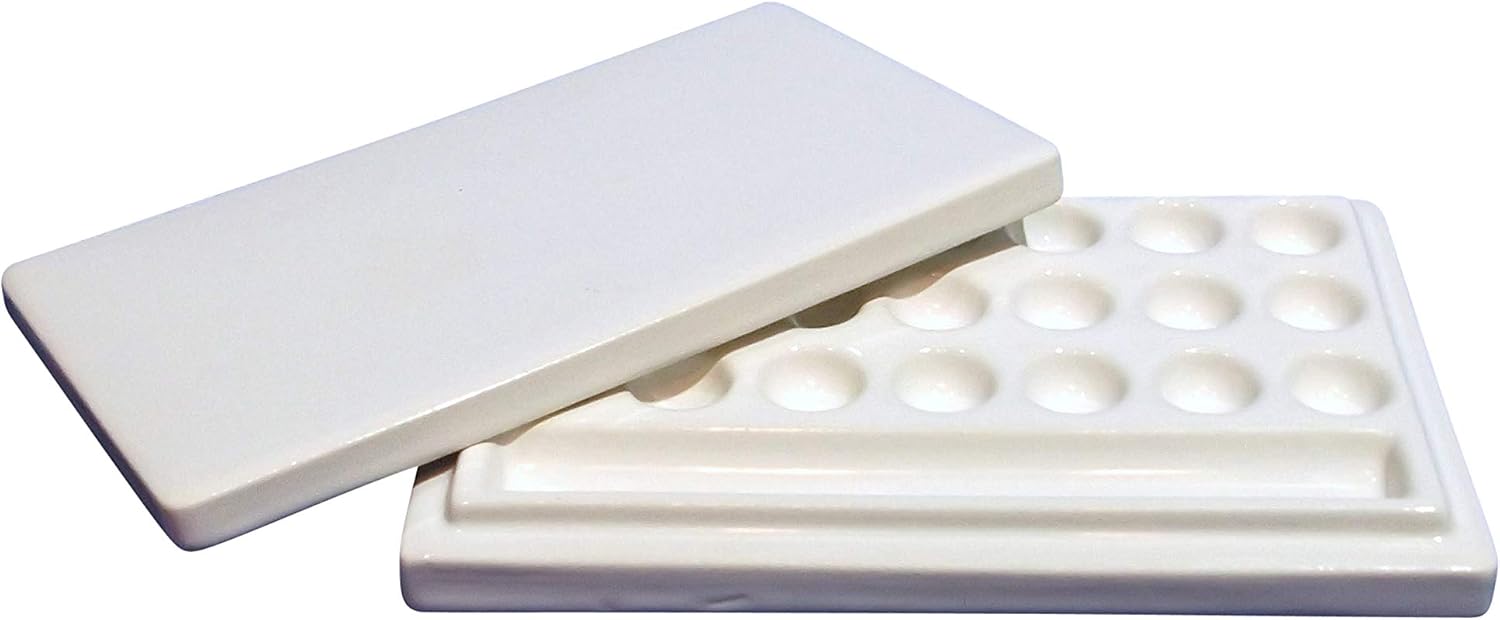 White Ceramic Artist Paint Palette with lid 21 Wells + Gully Mixing