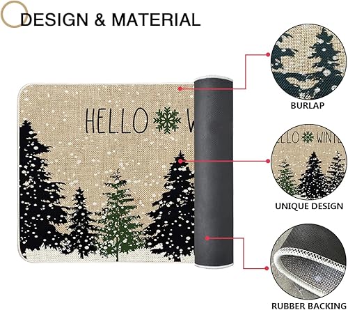 Miniatura 6 de Tapete de árbol negro de Navidad, tapete para puerta de invierno, bosque frío, copos de nieve, tapete delantero de bajo perfil, tapete de Navidad