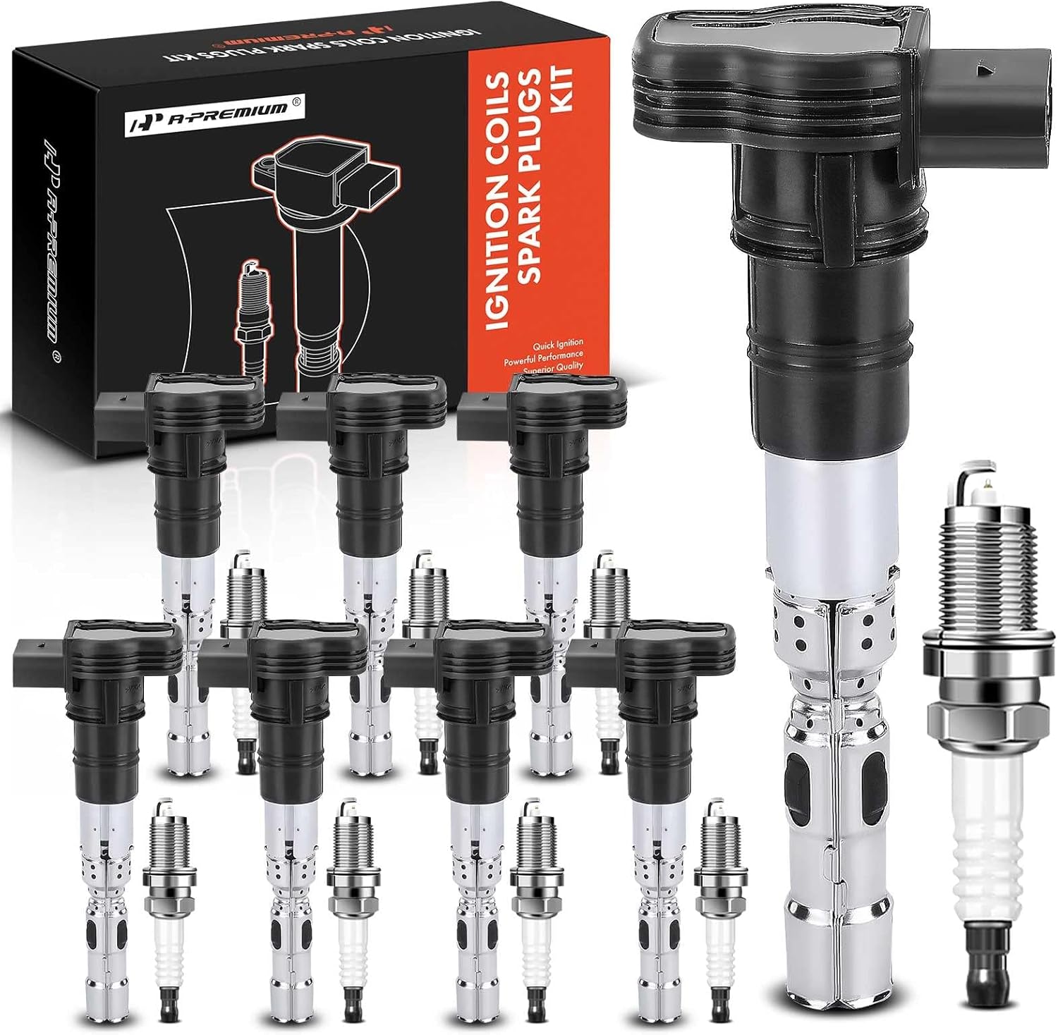 A-Premium Set of 8 Ignition Coil Pack and Iridium Spark Plugs Compatible with Volkswagen Touareg Phaeton, 2004-2006, V8 4.2L