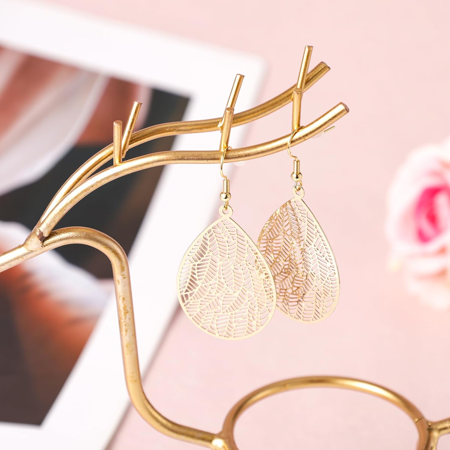 Handmade Filigree Teardrop Leaf Earrings - Copper Dangle Earrings for Women, Stylish Jewelry Gift (Gold) - Image 6