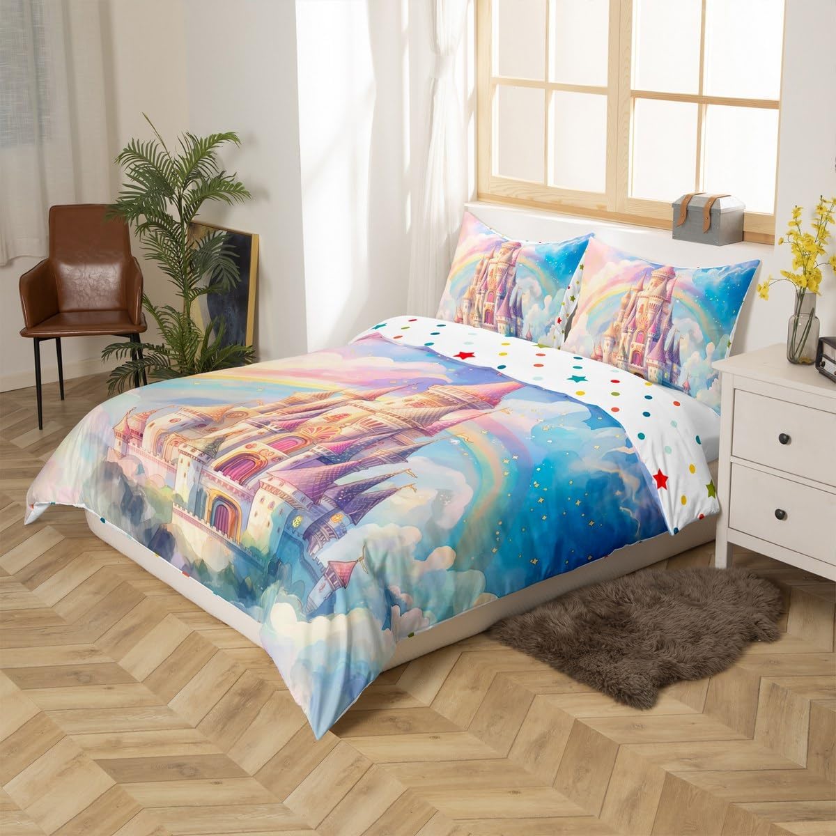 Erosebridal 3D Castle Duvet Cover Toddler,Teen Girls Dreamy Castle Comforter Cover Rainbow Nebula Stars Bedding Set Aesthetic Cartoon Quilt Cover Vintage Princess Room Decor