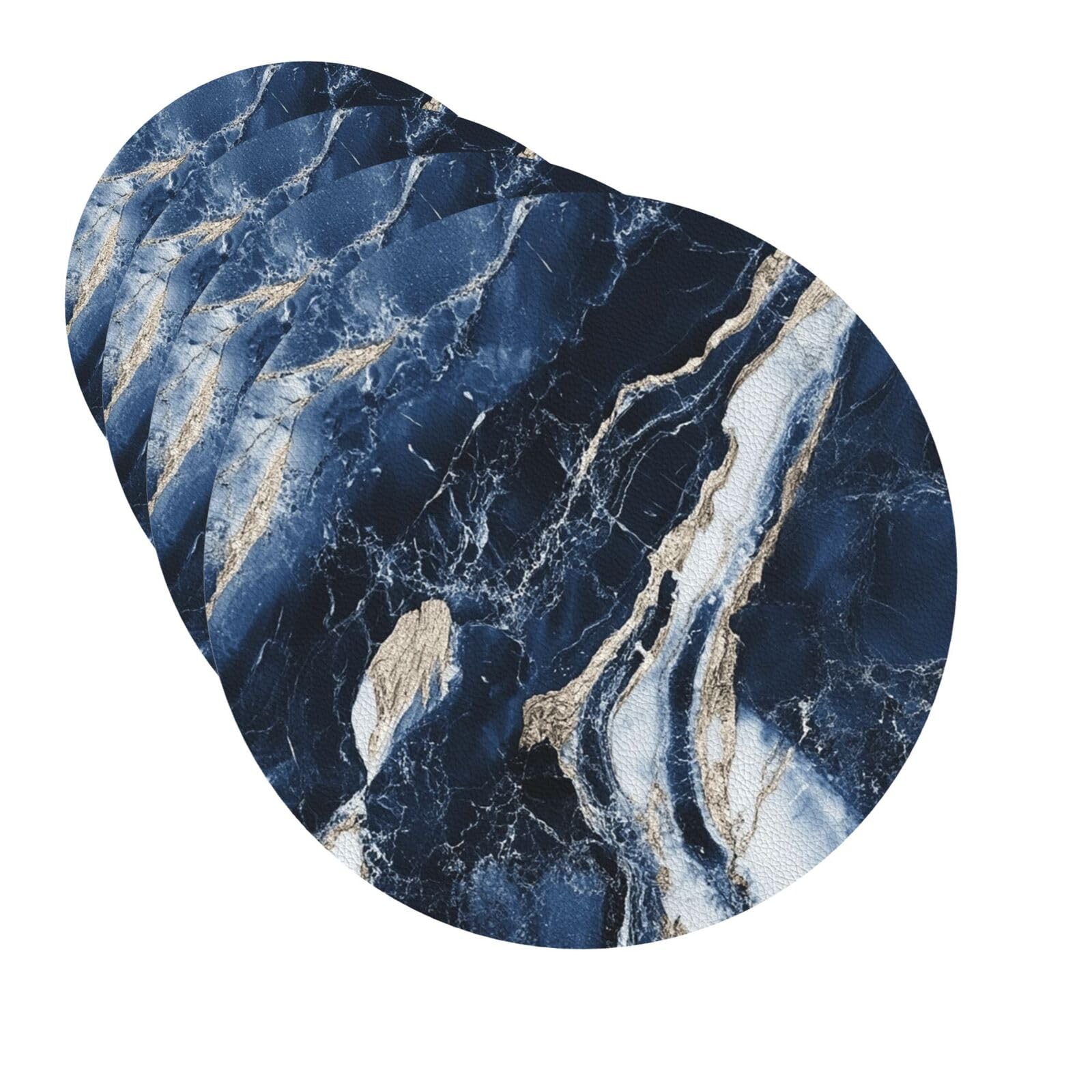 Xopekvlawm Women's Round Shape Drink Coasters Set Of 4 Quick-Dry Leather Coaster Marble Navy Blue Coasters For Drinks Coffee Cup Mat Tabletop Protection Heat Resistant Coaster For Kitchen Bar Office Home Decor