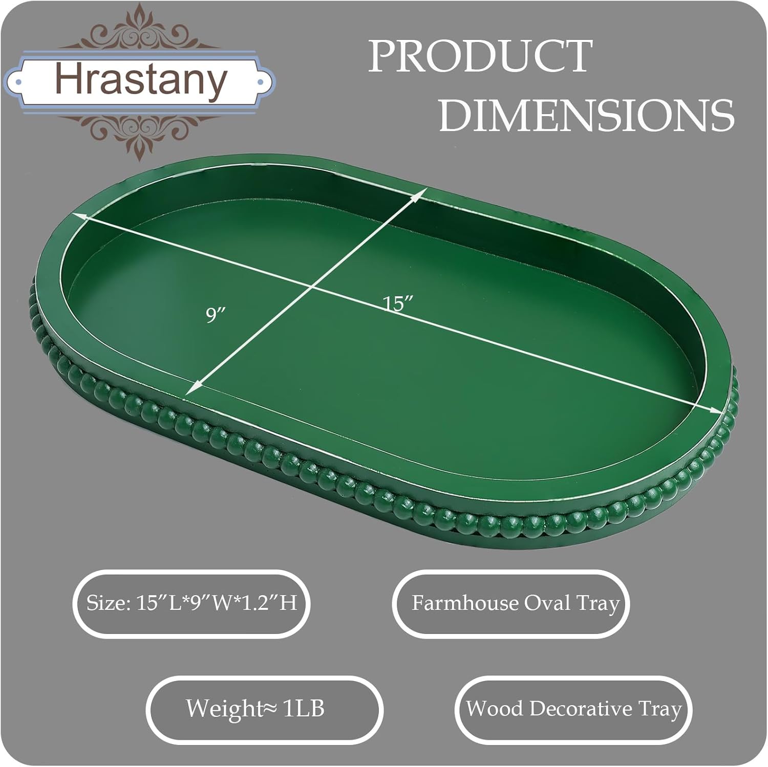 Hrastany Green Oval Wood Decorative Ottoman Tray for Coffee Table Kitchen Counter, Living Room, Handcrafted Green Wooden Serving Tray for Table Centerpiece