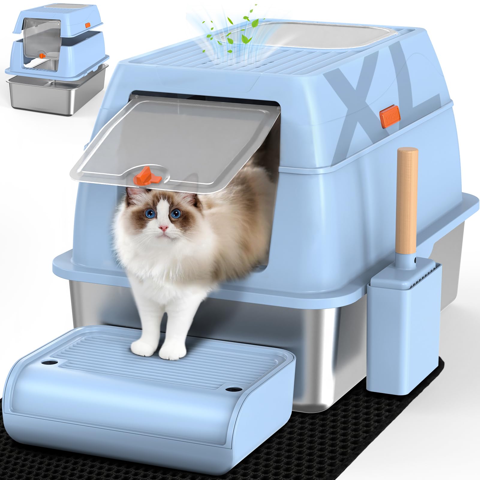 Bac à litière pour chat en acier inoxydable XL avec capot bleu