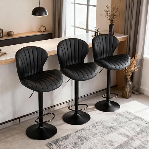 Bar Stools Set of 3, Adjustable Faux Leather Counter Height Barstools with Footrest, Swivel Bar Chairs 24-32inch for Bar, Kitchen Island, Dining Room,Black