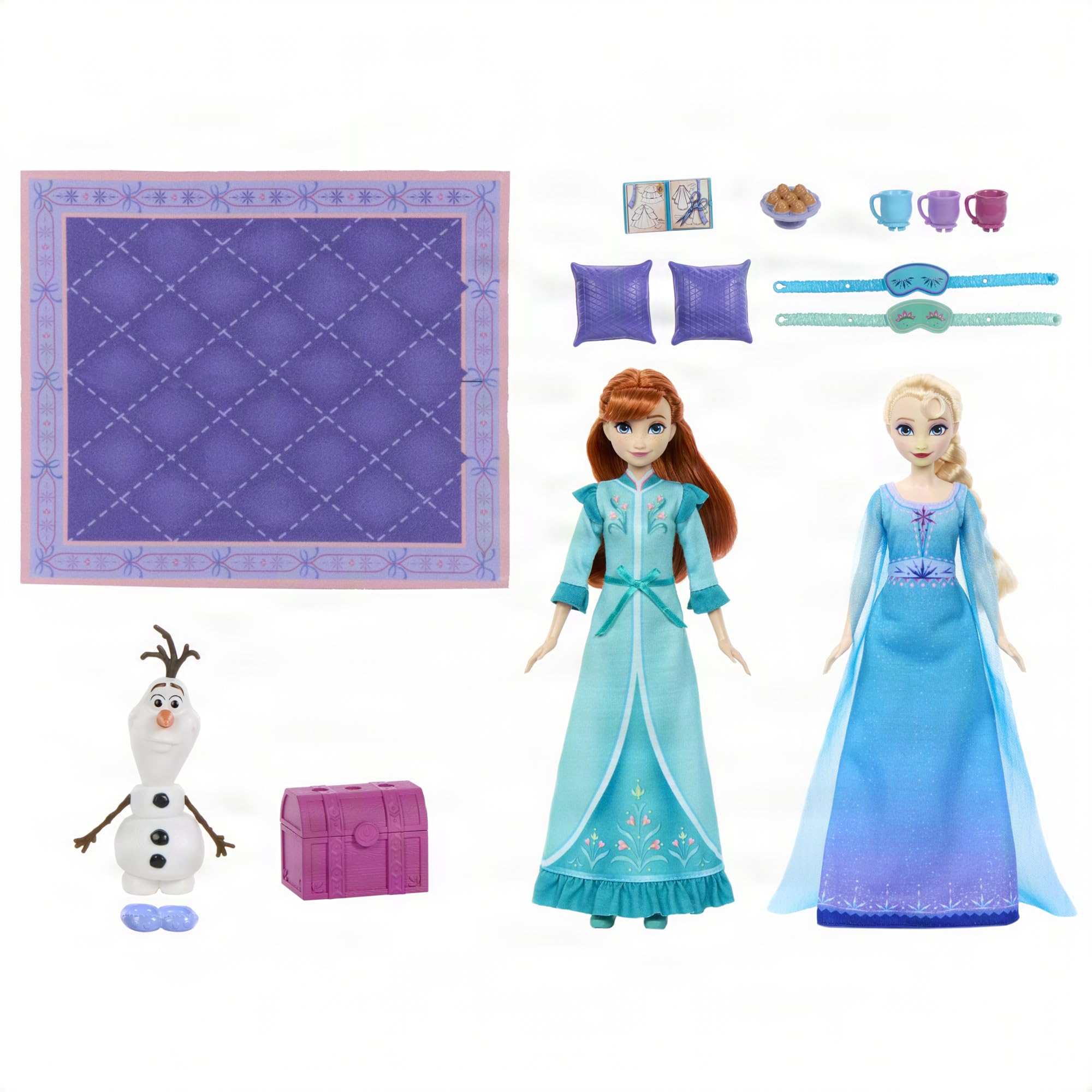 Mattel Disney Frozen Anna i Elsa zestaw sióstr na noc, 2 lalki | Królewskie stroje wieczorowe, kapcie, figurka Olaf, 12 akcesoriów (poduszki, maski), JML08