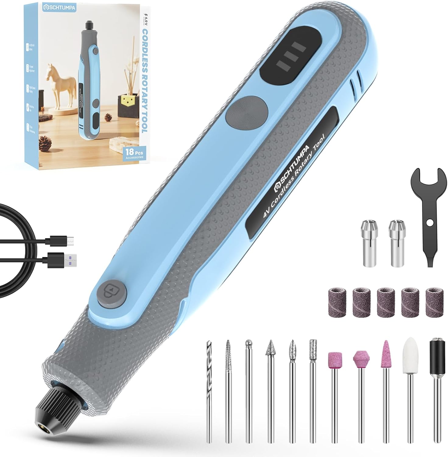 Rotary Tool Kit, Cordless Rotary Tool, Mini Rotary Tool, 4V, Variable Speed, with Upgraded Accessories, for Carving, Engraving, Sanding, Polishing, Cutting, DIY Crafts and Pet Nails, Blue