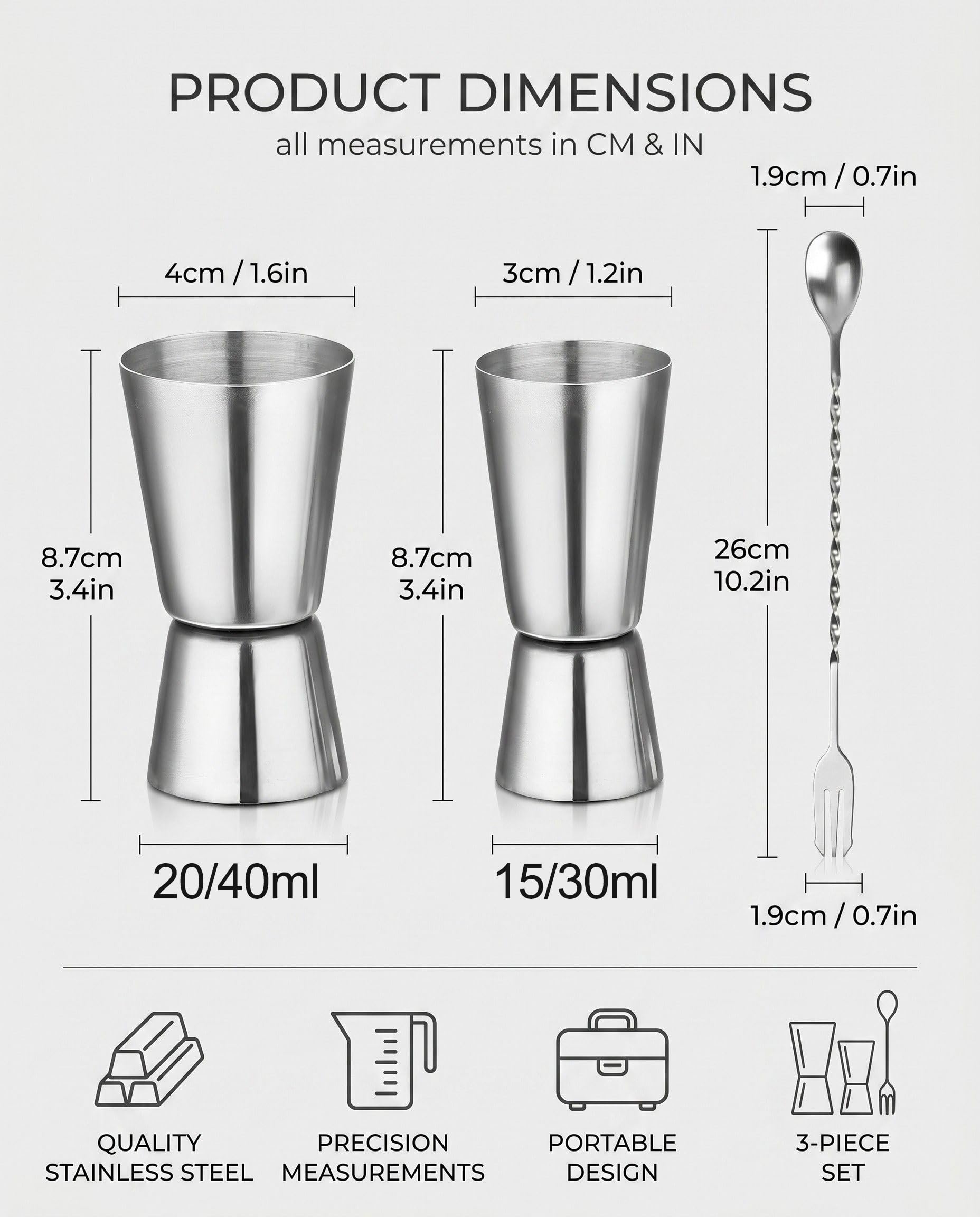 Vaso medidor de cóctel de dos piezas, vaso medidor de acero inoxidable para bar, vaso medidor doble para ginebra, para licor de 30 ml y 40 ml, de cóctel con escala precisa, para bar en casa