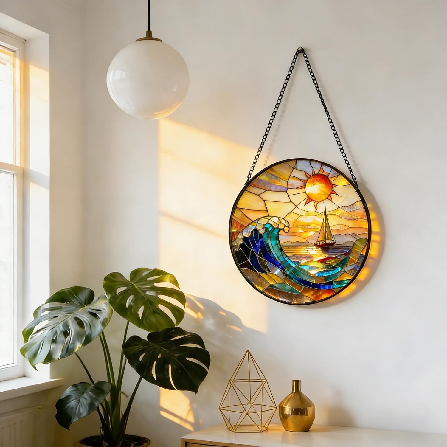 7.8 Inch Stained Glass Window Hanging, Sailboat & Sunset Waves Suncatcher, Blue and Orange Sky Diamond Glass Panel Landscape Decor for Women, Men, Wife, Aunt, and Mom