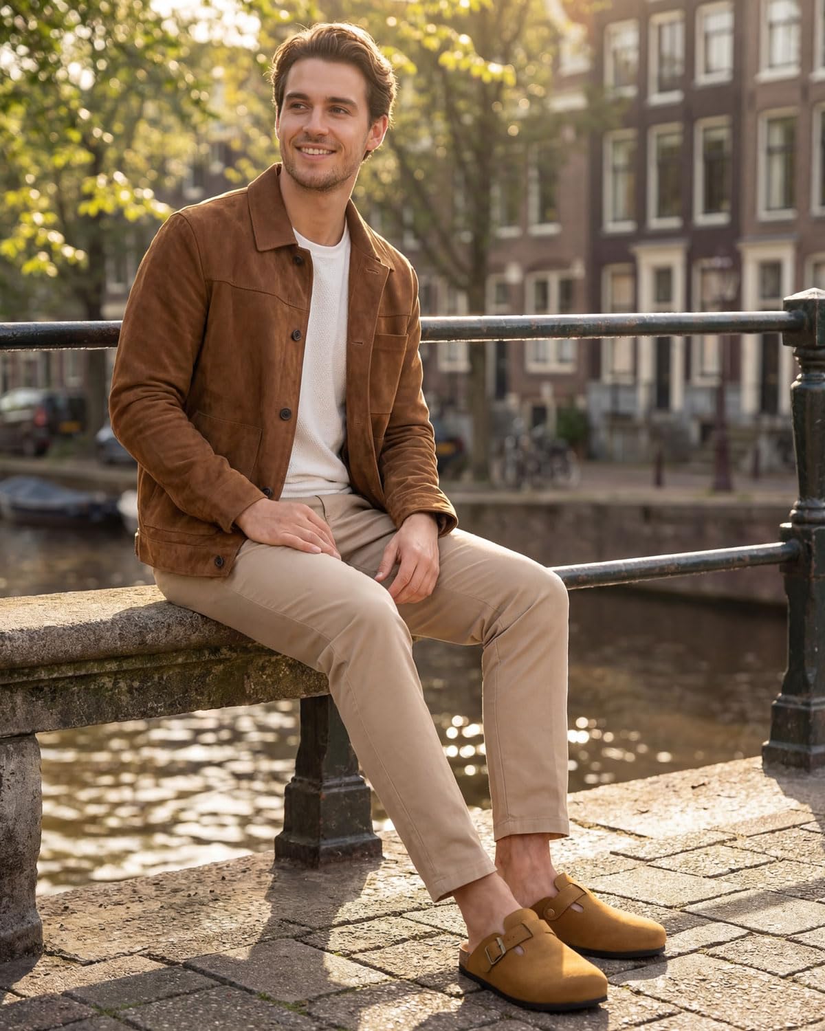 LANGDU Clogs Damen Herren Pantoletten Garten Hausschuhe,Braun,44EU | Wildleder,Verstellbarer Riemen,Bequem,Atmungsaktiv,Modisch,Rutschfest,Indoor & Outdoor