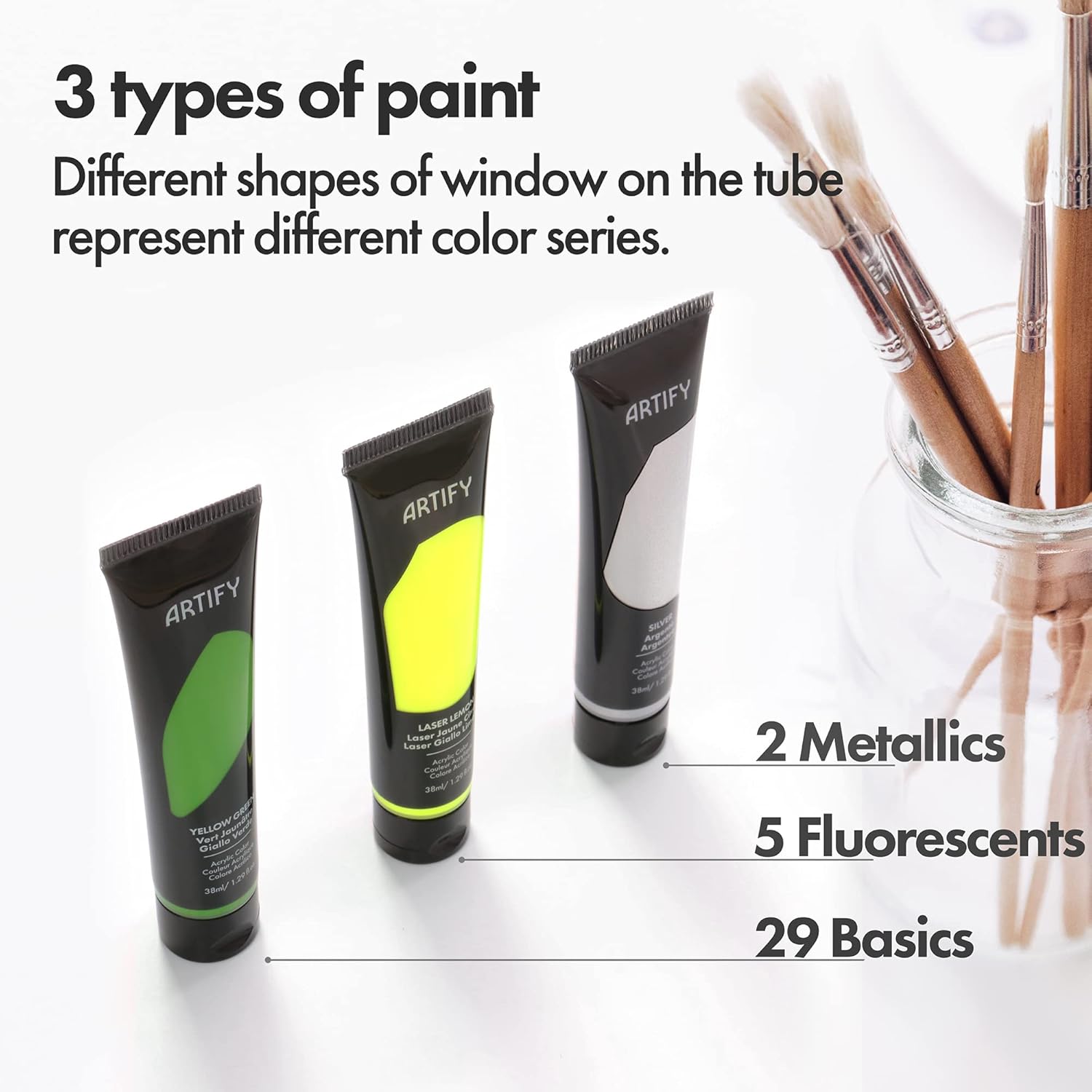 ARTIFY Acrylic Paint, Set Of 36 Color (1.29 oz, 38ml) with a storage box, Rich Pigments, Non Fading, Non Toxic Paints for Artist, Hobby Painters & Kids, Art Supplies for Canvas Painting