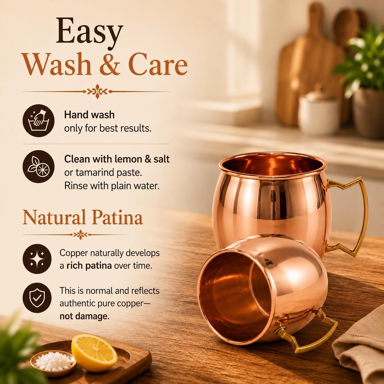 Pure Copper Moscow Mule Mugs Set of 2, 16 Oz Polished Copper Cups, No Steel Lining, No Lacquer, Authentic Solid Copper Drinkware for Cocktails & Cold Drinks