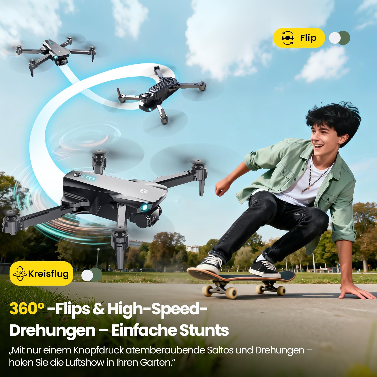 Holy Stone HS290 Drohne mit Kamera 1080P für Kinder & Anfänger | Optischer Fluss, Gesten Selfie, Tap Fly, Kriesflug, 3 Geschwindigkeitsstufen, 2 Akkus, Faltbares Design